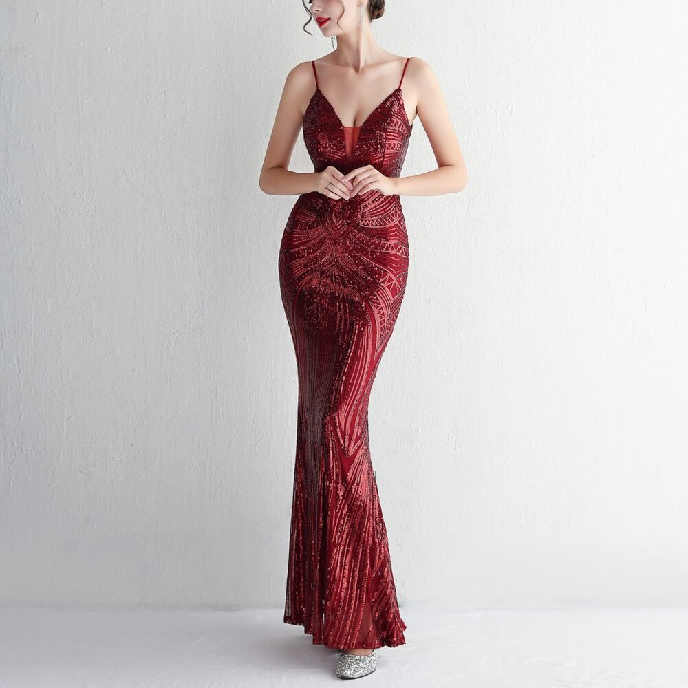 Glamorous Red Sequin Mermaid Gown /Old Hollywood Formal Dress